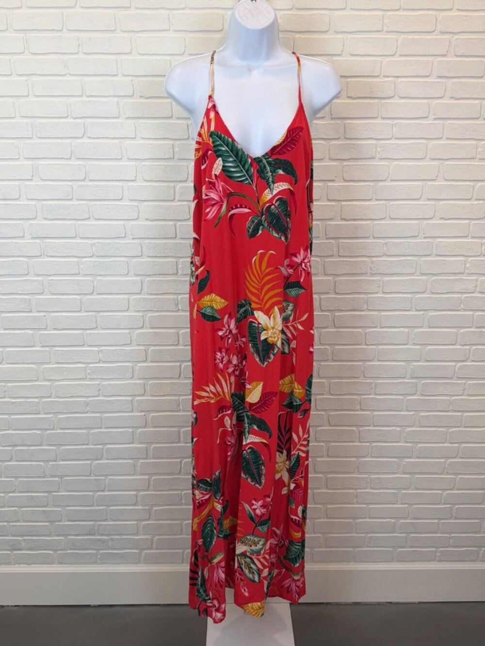 Old Navy Tropical Floral Maxi Dress Red Criss-Cross Back XL